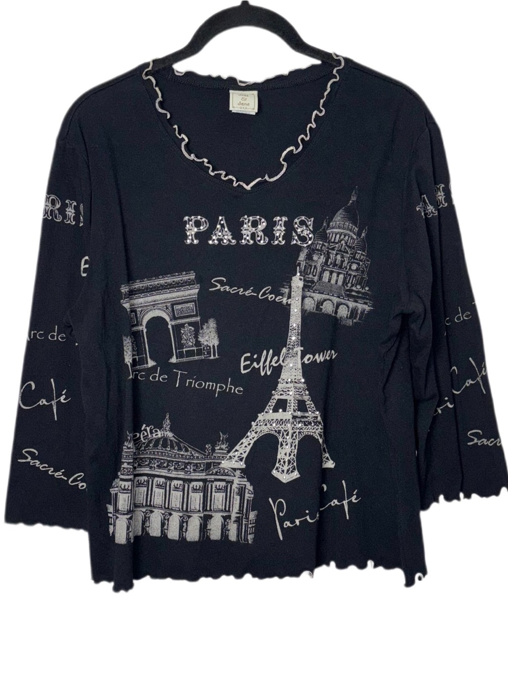 Jess & Jane Black Paris Graphic 3/4 Sleeve Women's Top Size Medium USA 90's Y2K